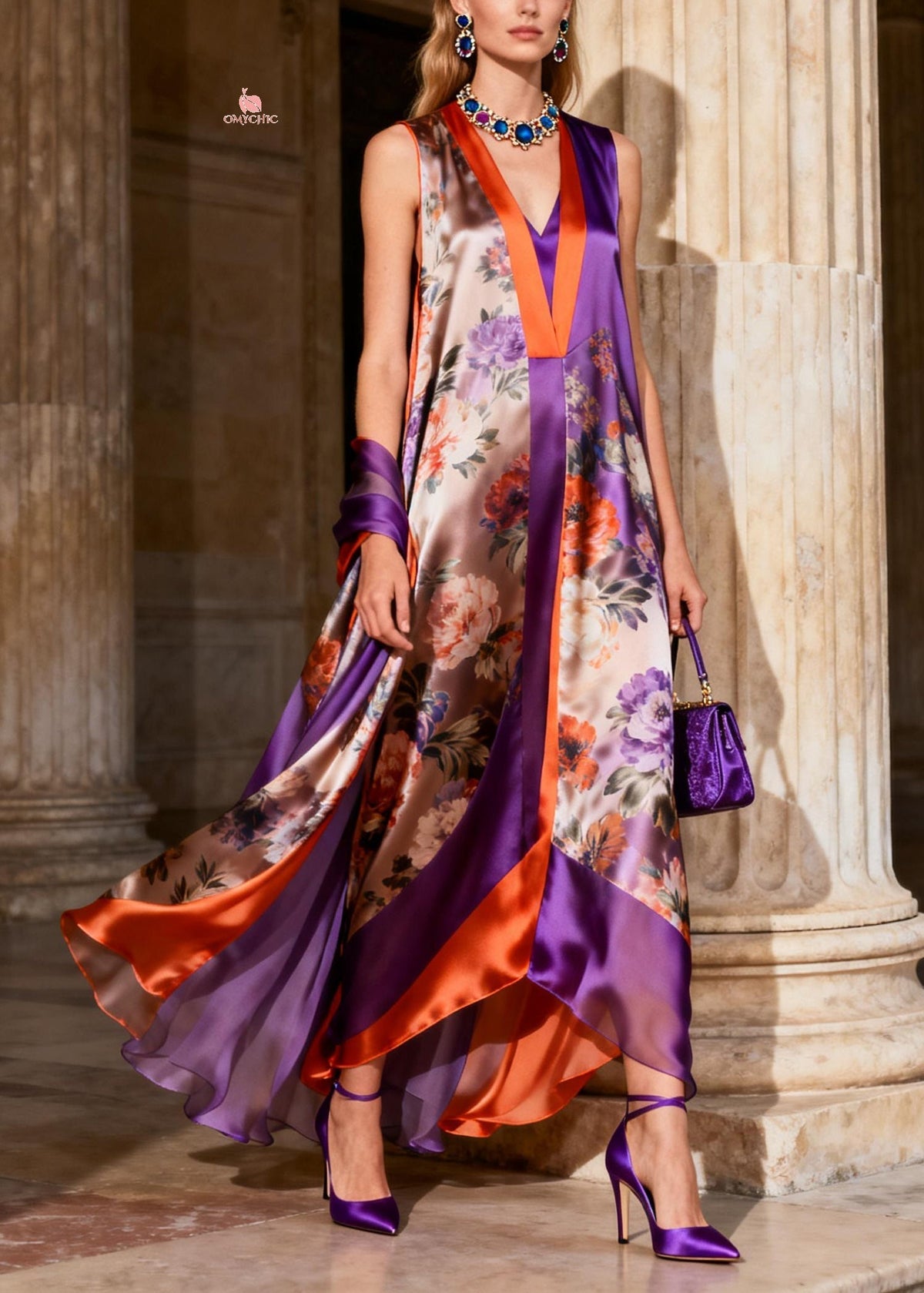 Deep V-Neck Paneled Floral Handkerchief Hem Maxi Dress 5