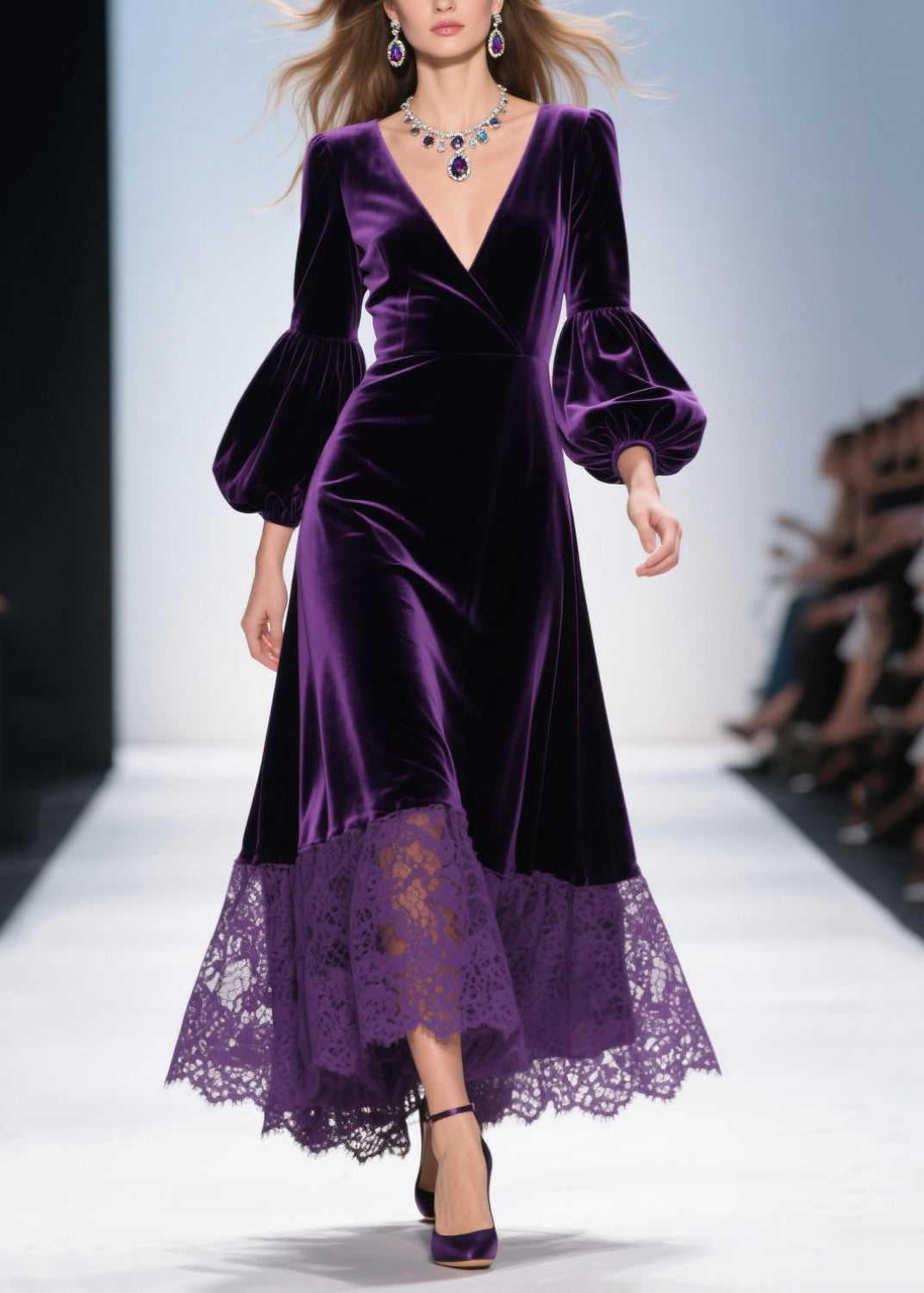Wrap V-Neck Puff Sleeve Lace Panel Scalloped Hem Velvet Midi Gown