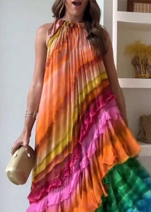 Halter Neck Pleated Diagonal Tiered Gradient Striped Maxi Dress 2