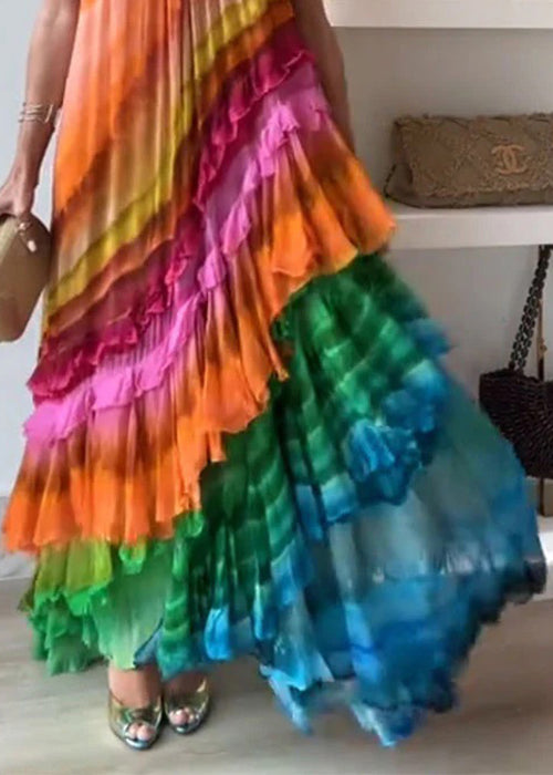 Halter Neck Pleated Diagonal Tiered Gradient Striped Maxi Dress 3