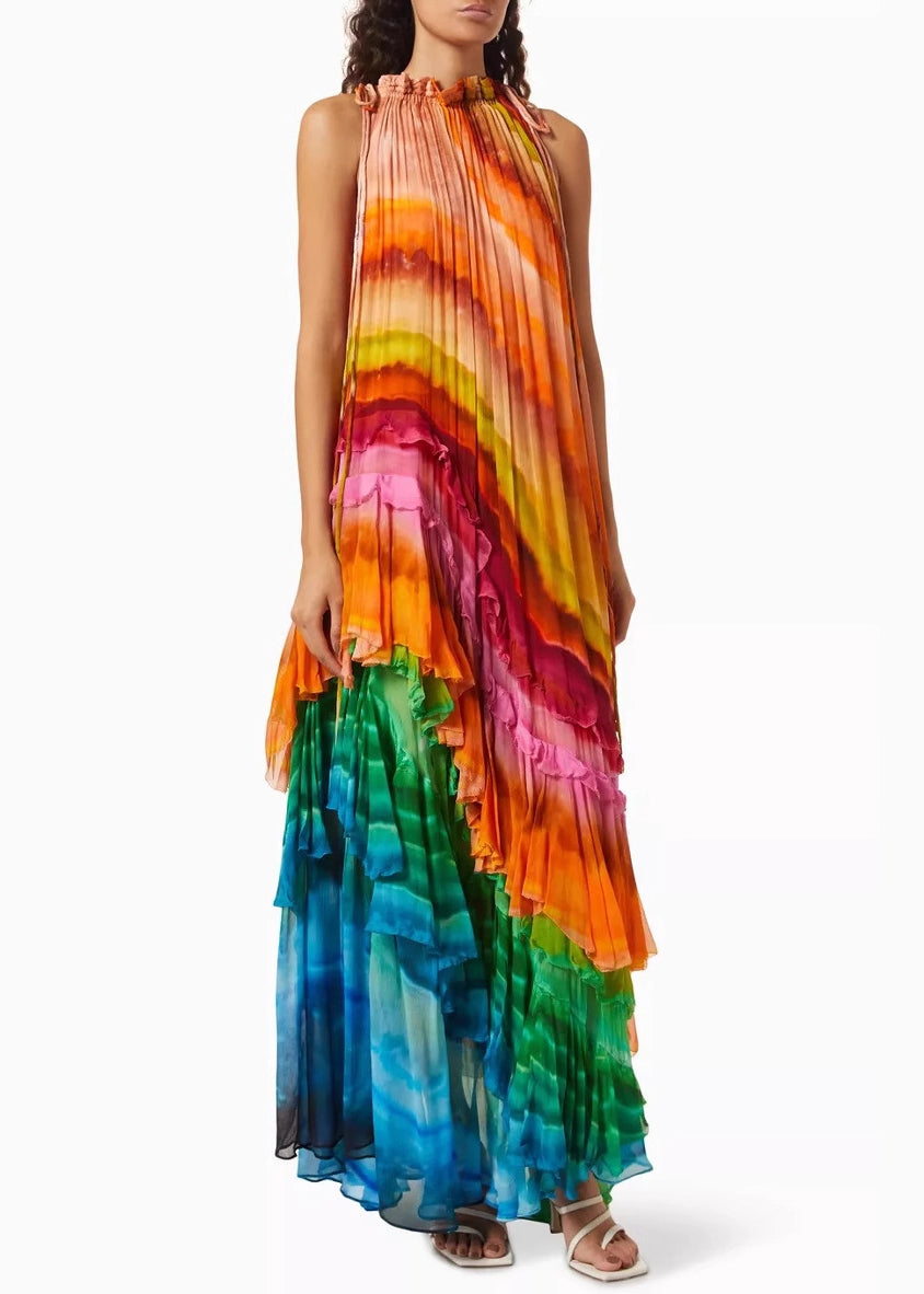 Halter Neck Pleated Diagonal Tiered Gradient Striped Maxi Dress 4