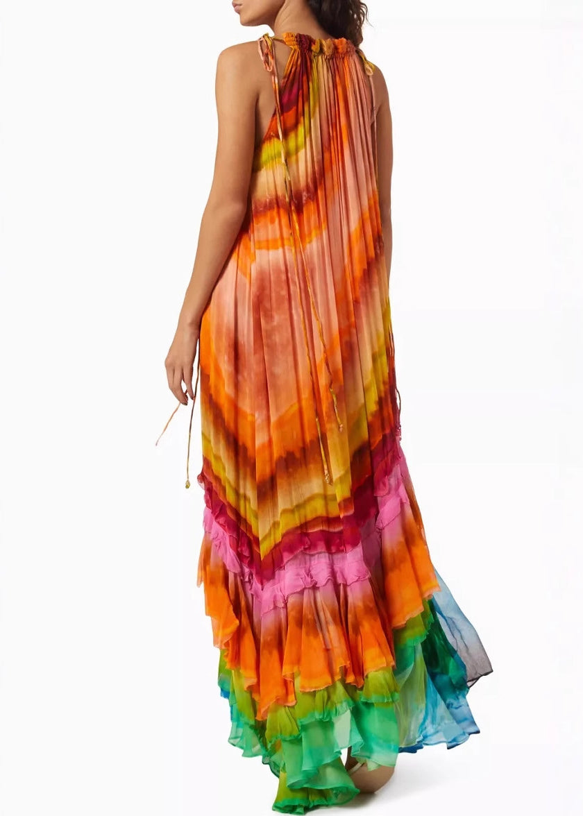 Halter Neck Pleated Diagonal Tiered Gradient Striped Maxi Dress 5