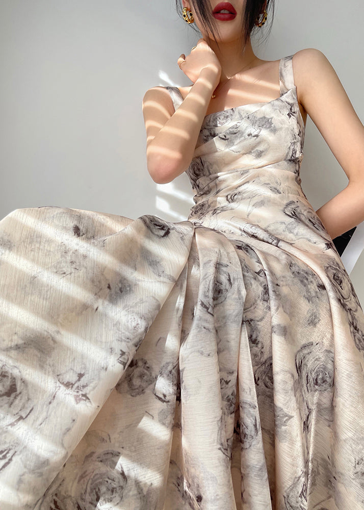 Square Neck Wide Strap Zip Front Print Pleated Maxi Dress
