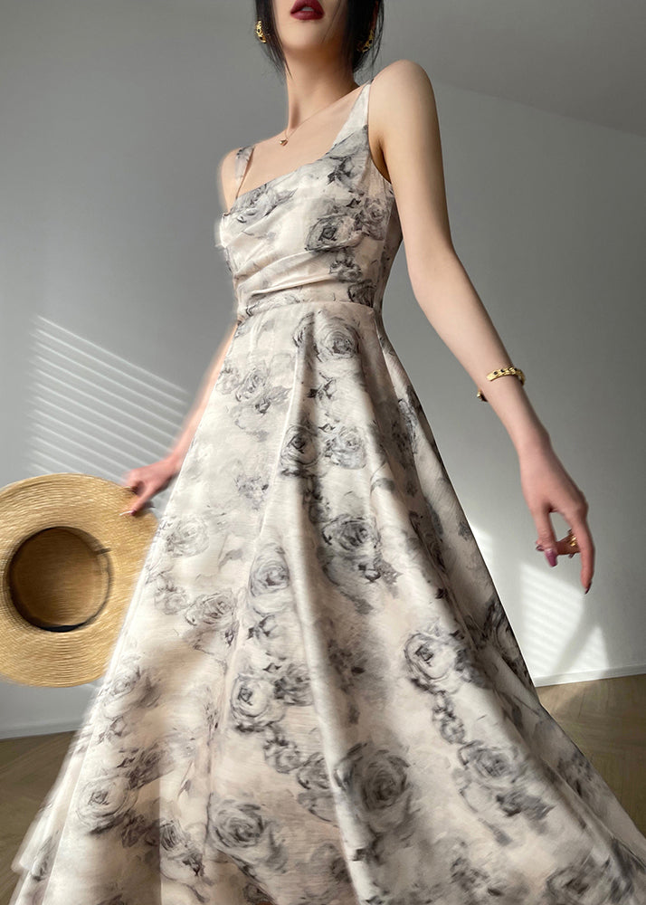 Square Neck Wide Strap Zip Front Print Pleated Maxi Dress 2