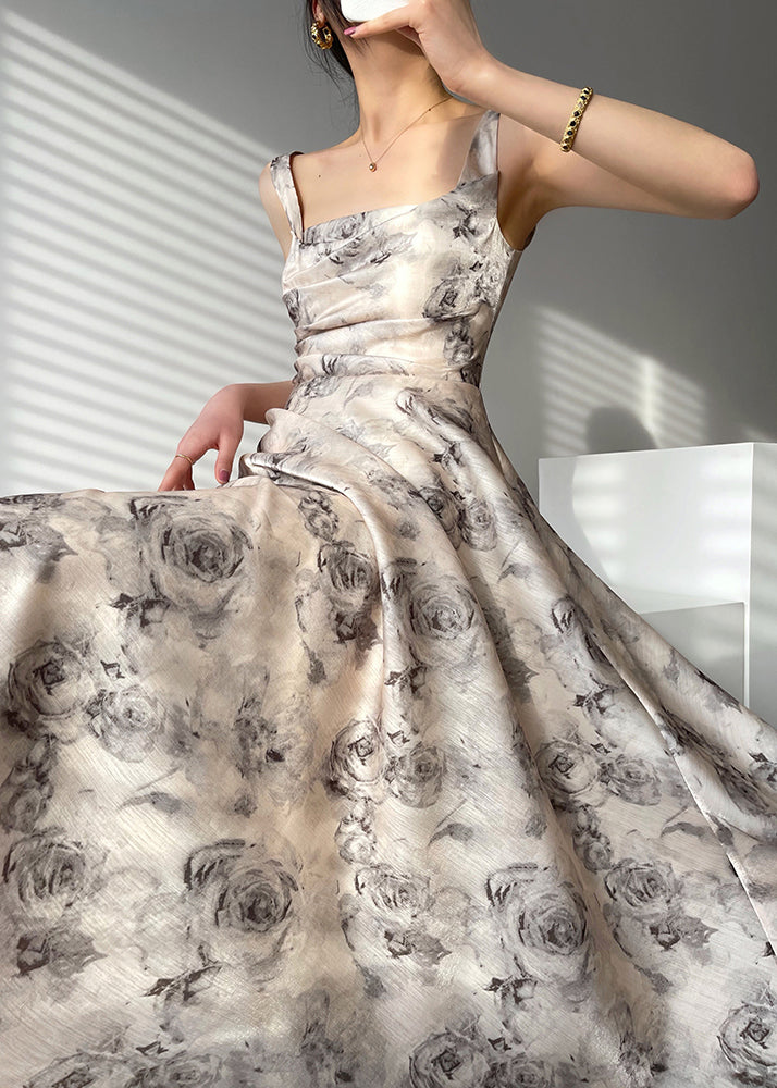 Square Neck Wide Strap Zip Front Print Pleated Maxi Dress 3