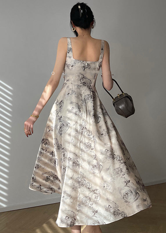 Square Neck Wide Strap Zip Front Print Pleated Maxi Dress 4