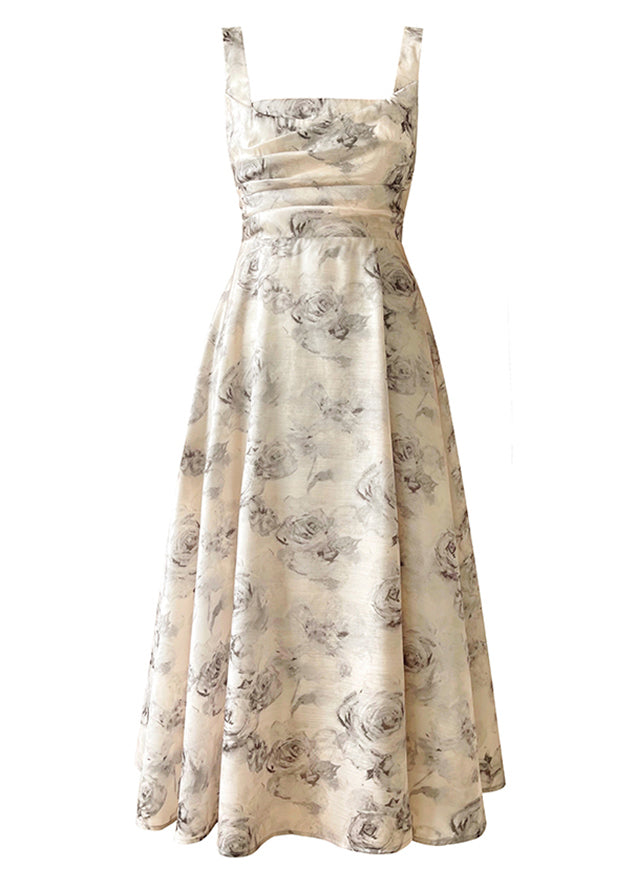 Square Neck Wide Strap Zip Front Print Pleated Maxi Dress 5
