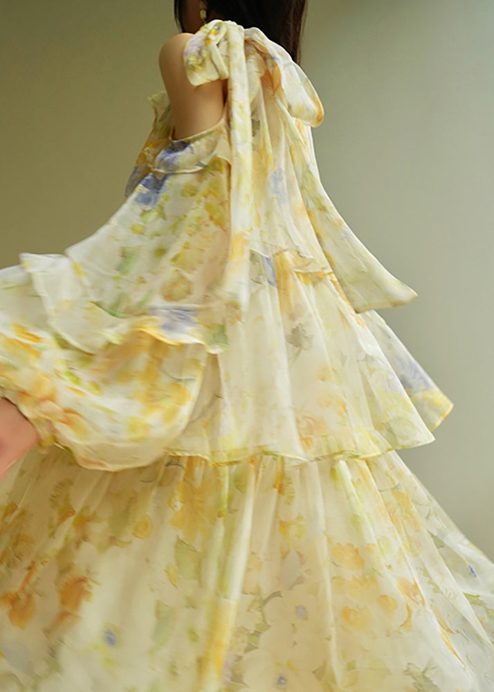 Mock Neck Cold Shoulder Tiered Ruffle Lantern Sleeve Maxi Dress 5