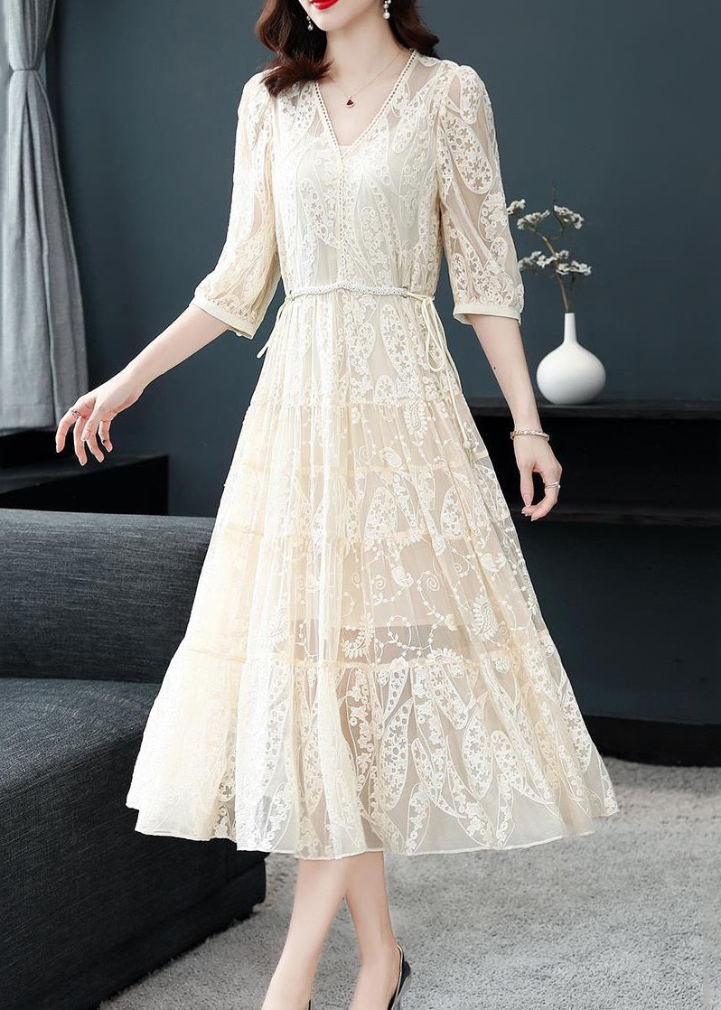 Deep V Scalloped Lace Paisley Embroidered Tiered Midi Dress