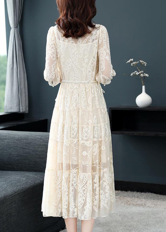 Deep V Scalloped Lace Paisley Embroidered Tiered Midi Dress 4