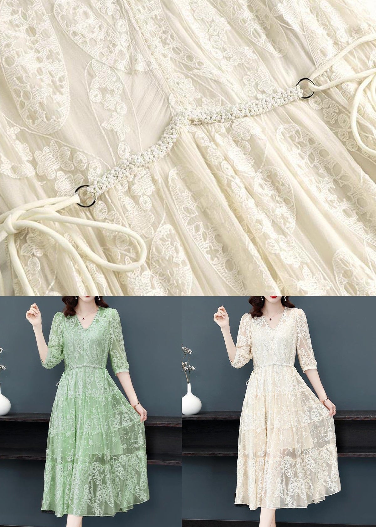 Deep V Scalloped Lace Paisley Embroidered Tiered Midi Dress 5