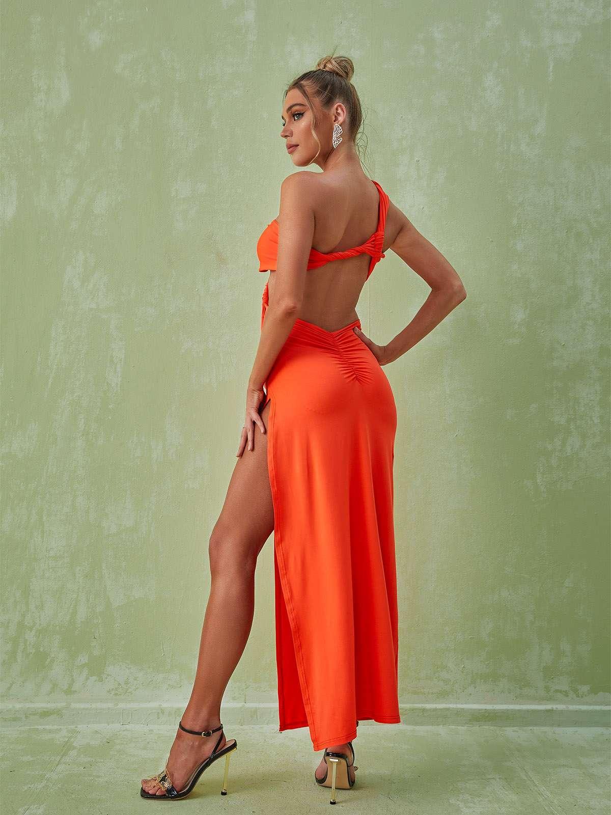 One Shoulder Ruched Waist Cutout Draped Column Maxi Dress 6