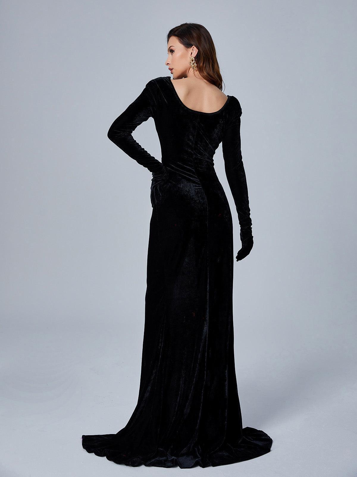Sweetheart Neck Draped Waist High Slit Velvet Maxi Gown 7