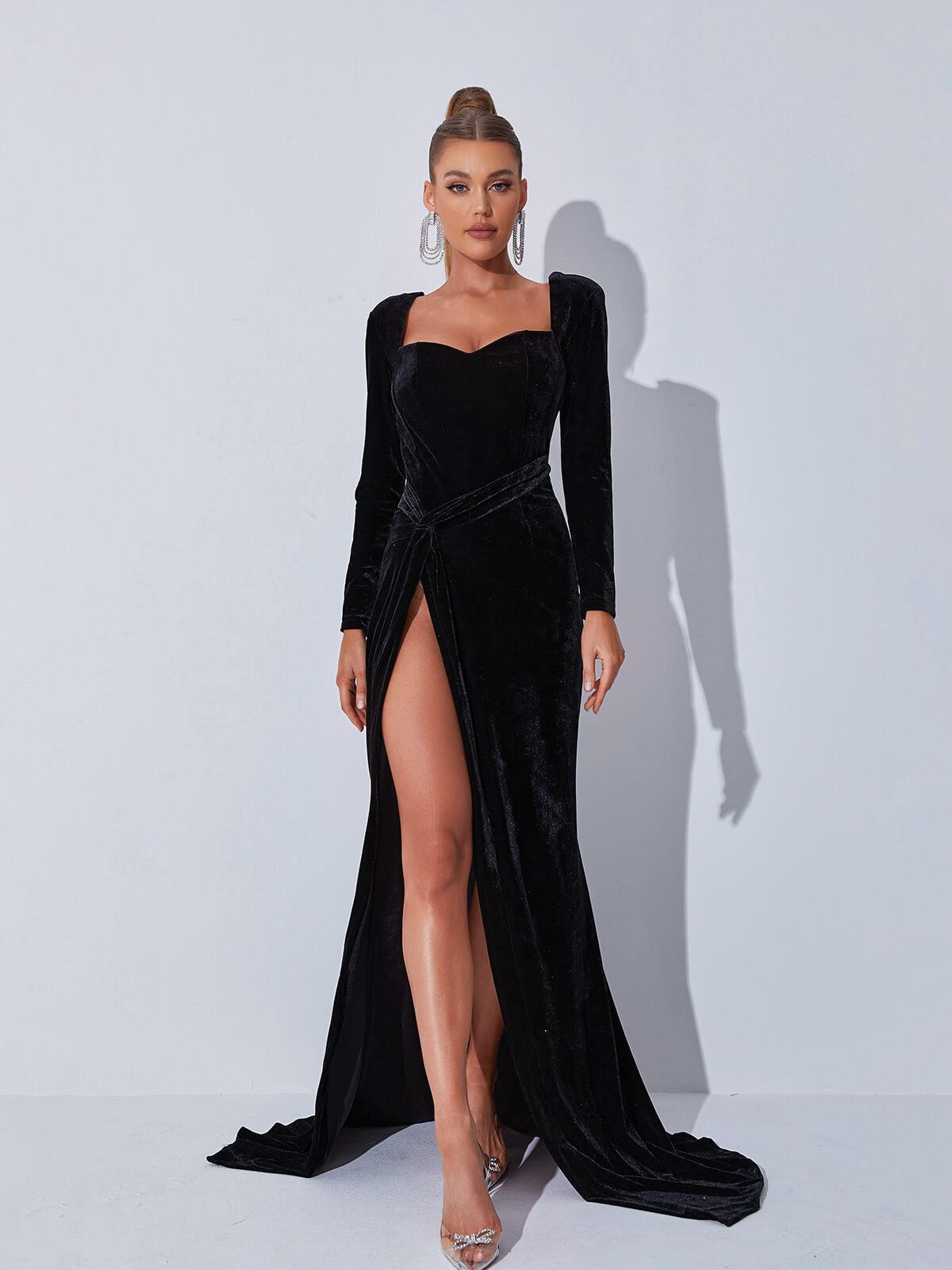 Sweetheart Neck Draped Waist High Slit Velvet Maxi Gown
