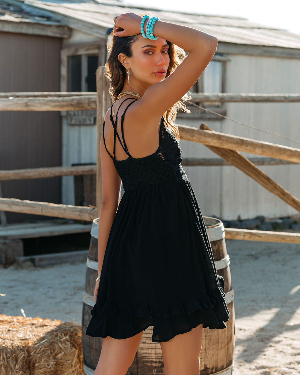 Double Strap Lace Overlay V-Neck Ruffle Hem Pocket Mini Dress 2