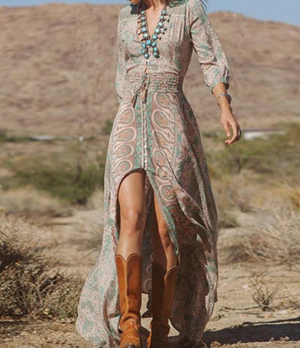 Deep V Neck Smocked Waist Button Front Paisley High Slit Maxi Dress