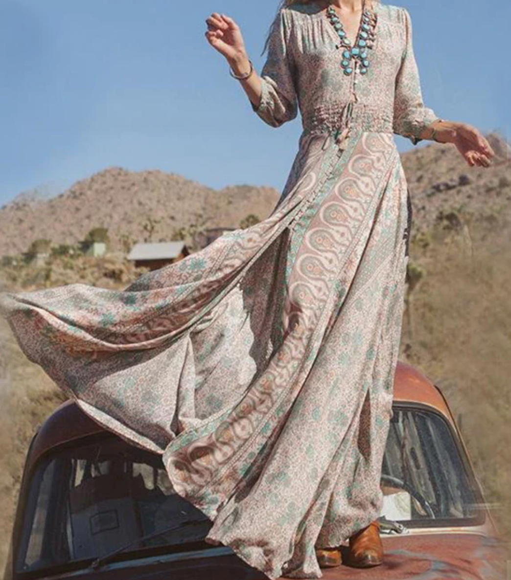 Deep V Neck Smocked Waist Button Front Paisley High Slit Maxi Dress 2
