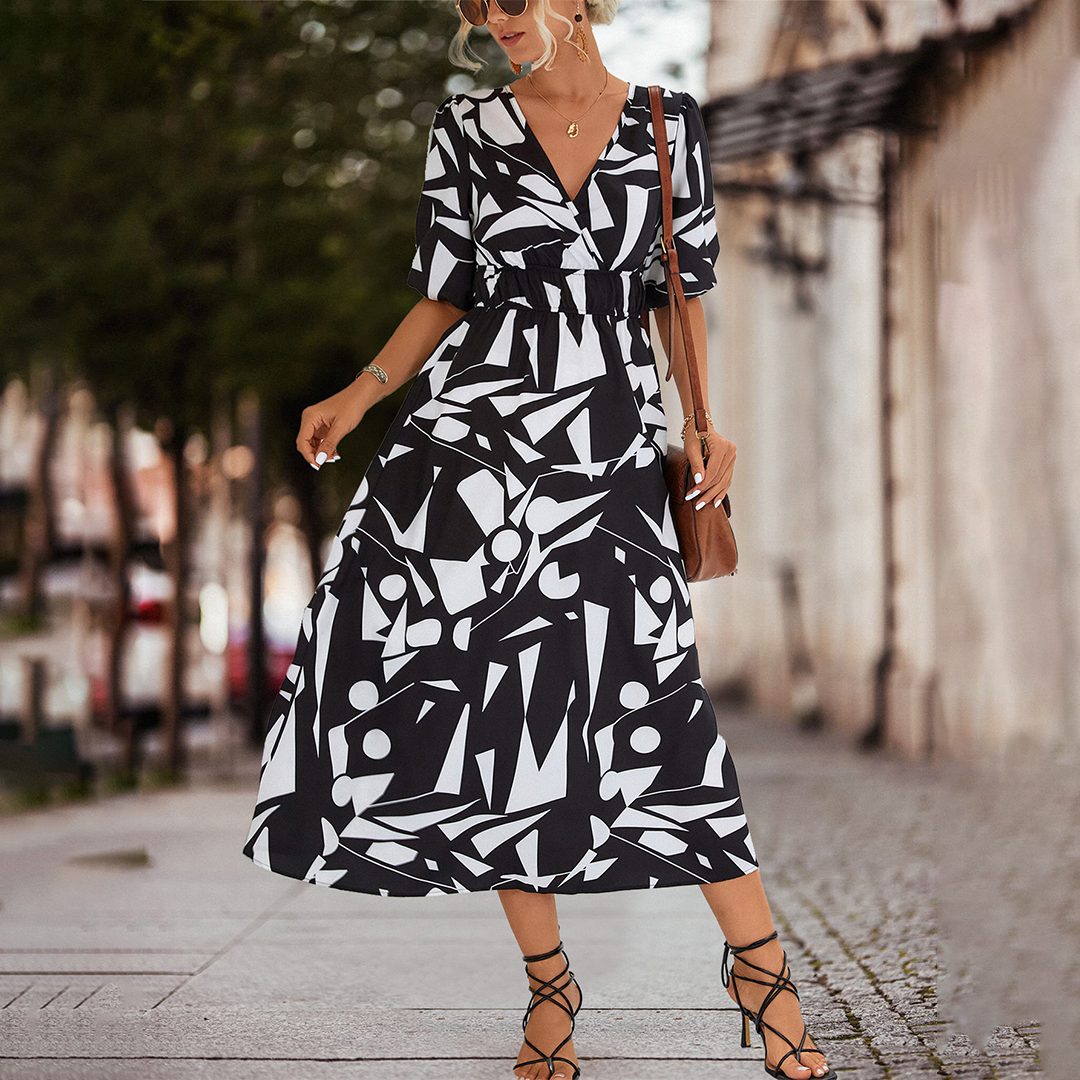 Deep V-Neck Puff Sleeve Smocked Waist Abstract Geometric Print Midi Dress 6