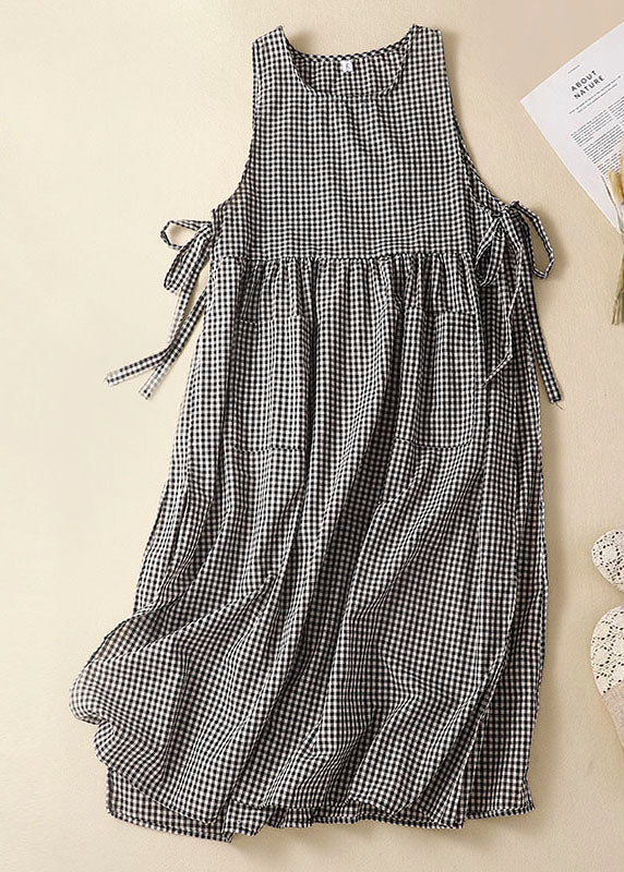 Round Neck Sleeveless Gingham Check Side Tie Patch Pocket Midi Dress