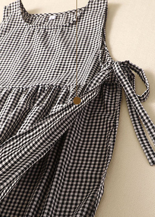 Round Neck Sleeveless Gingham Check Side Tie Patch Pocket Midi Dress 3