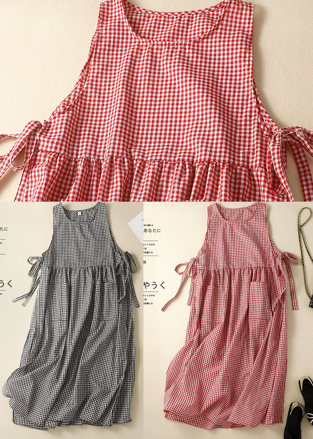 Round Neck Sleeveless Gingham Check Side Tie Patch Pocket Midi Dress 5
