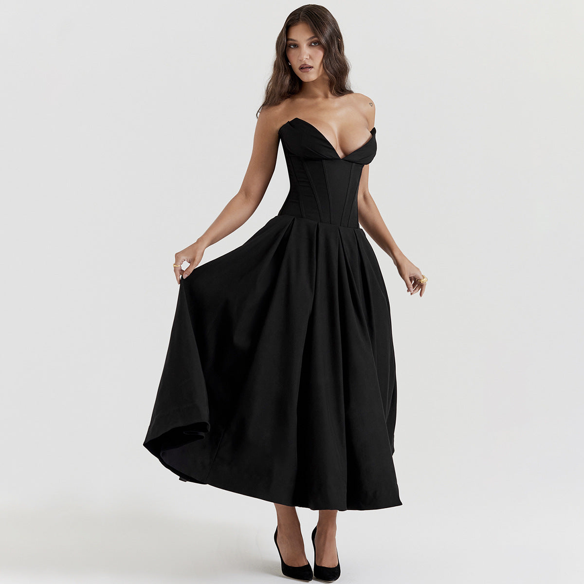 Strapless Deep V Corset Bodice Pleated Flared Midi Dress 4