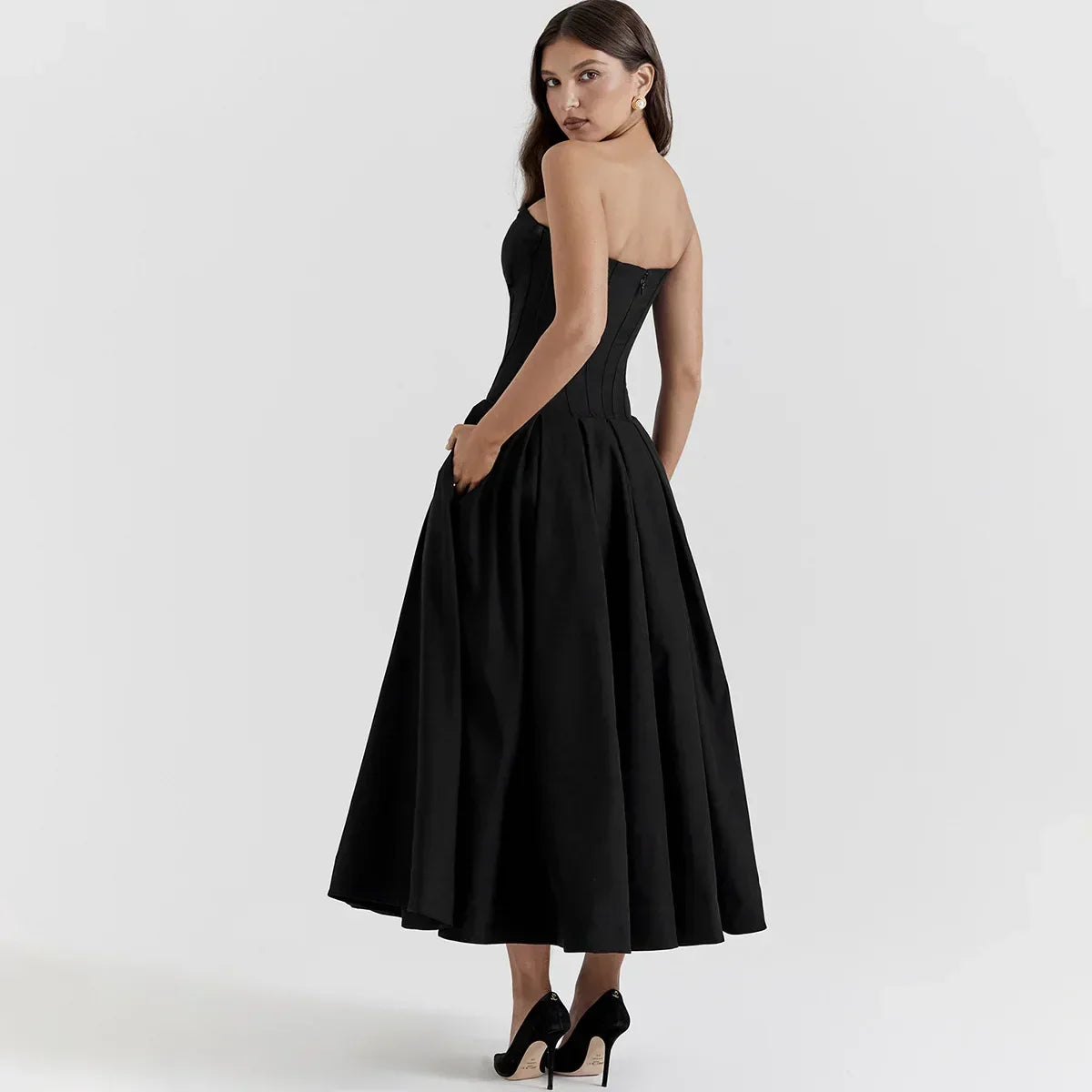 Strapless Deep V Corset Bodice Pleated Flared Midi Dress 5