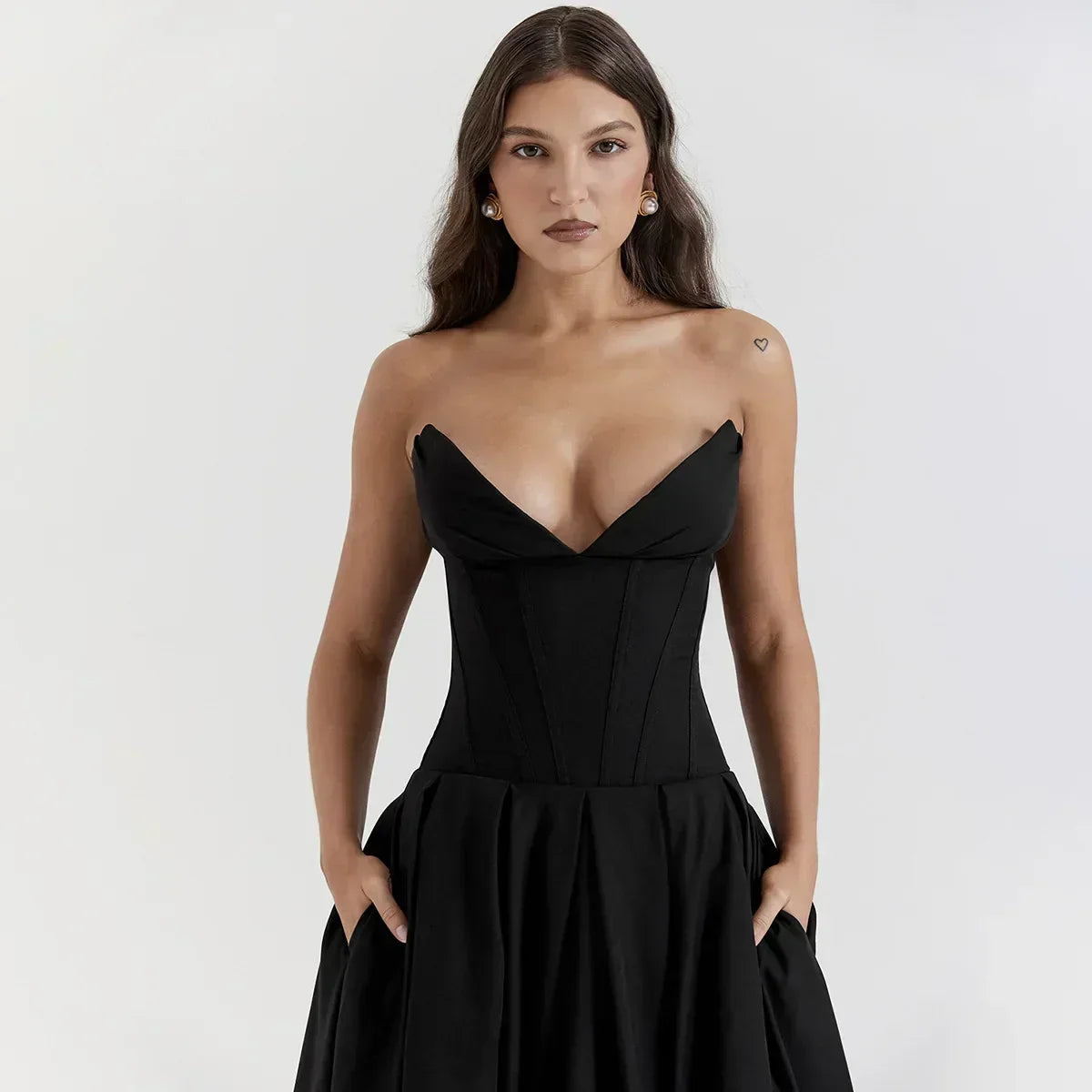 Strapless Deep V Corset Bodice Pleated Flared Midi Dress 6