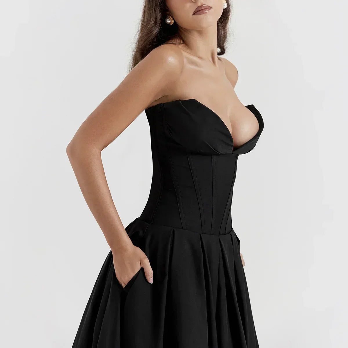 Strapless Deep V Corset Bodice Pleated Flared Midi Dress 7