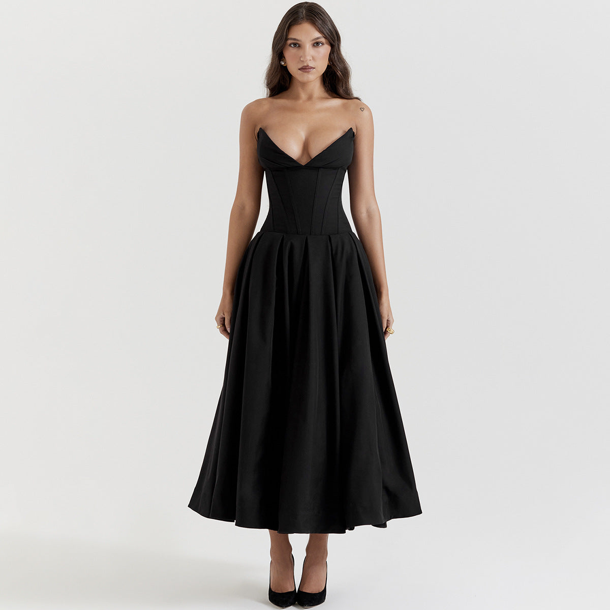 Strapless Deep V Corset Bodice Pleated Flared Midi Dress
