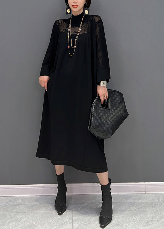 Mock Neck Lace Yoke Long Sleeve Oversized Midi Dress