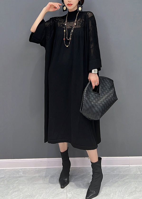 Mock Neck Lace Yoke Long Sleeve Oversized Midi Dress 2