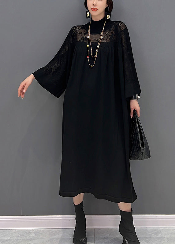 Mock Neck Lace Yoke Long Sleeve Oversized Midi Dress 3