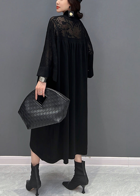 Mock Neck Lace Yoke Long Sleeve Oversized Midi Dress 4