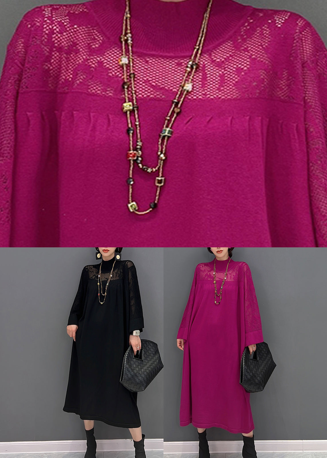 Mock Neck Lace Yoke Long Sleeve Oversized Midi Dress 5
