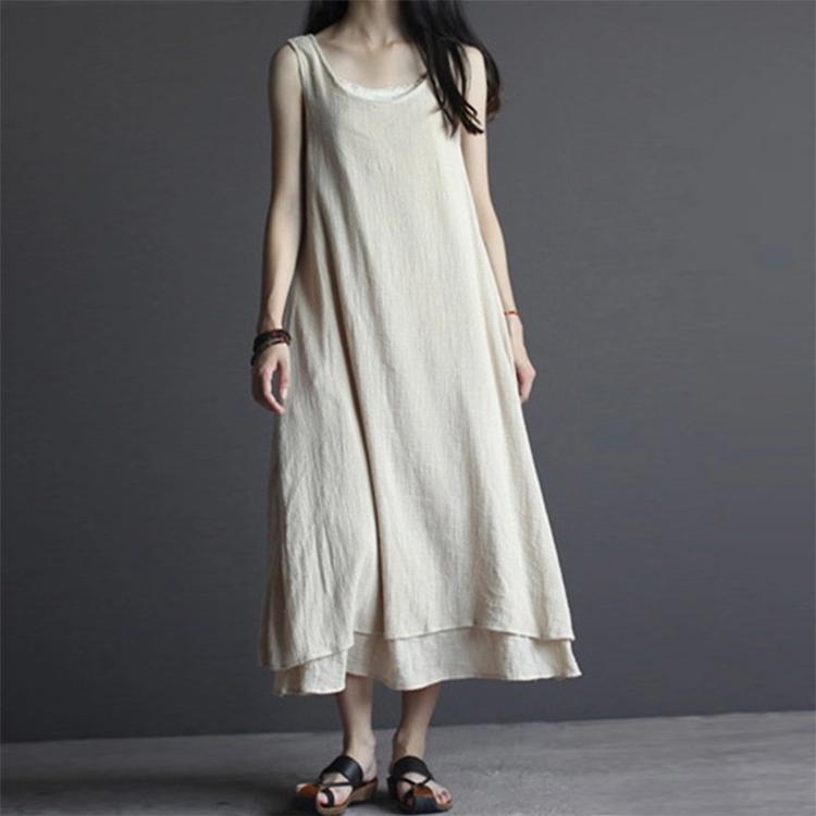 Scoop Neck Sleeveless Crinkle Gauze Double Layer Hem Midi Dress 2