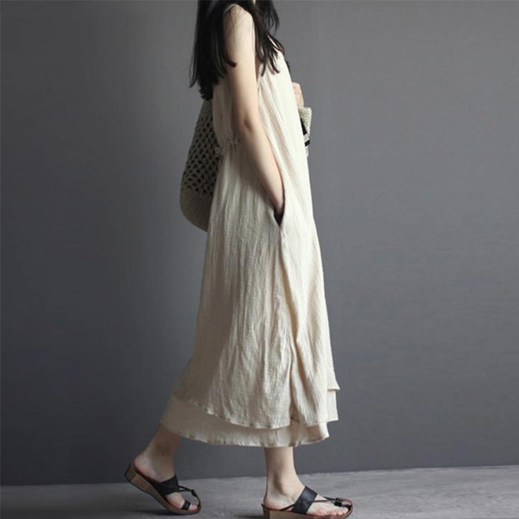 Scoop Neck Sleeveless Crinkle Gauze Double Layer Hem Midi Dress 3