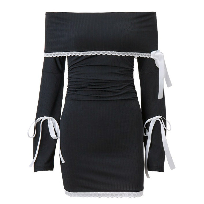Off-Shoulder Lace Bow Ribbon Rib Knit Ruched Mini Dress