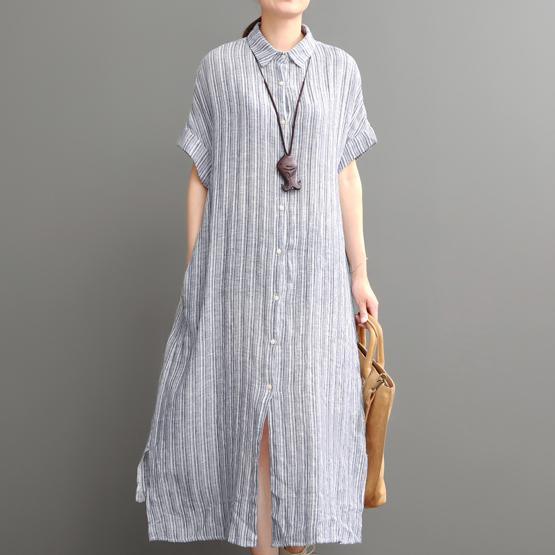 Collared Button Front Pinstripe Cuffed Sleeve Side Slit Linen Maxi Shirt Dress