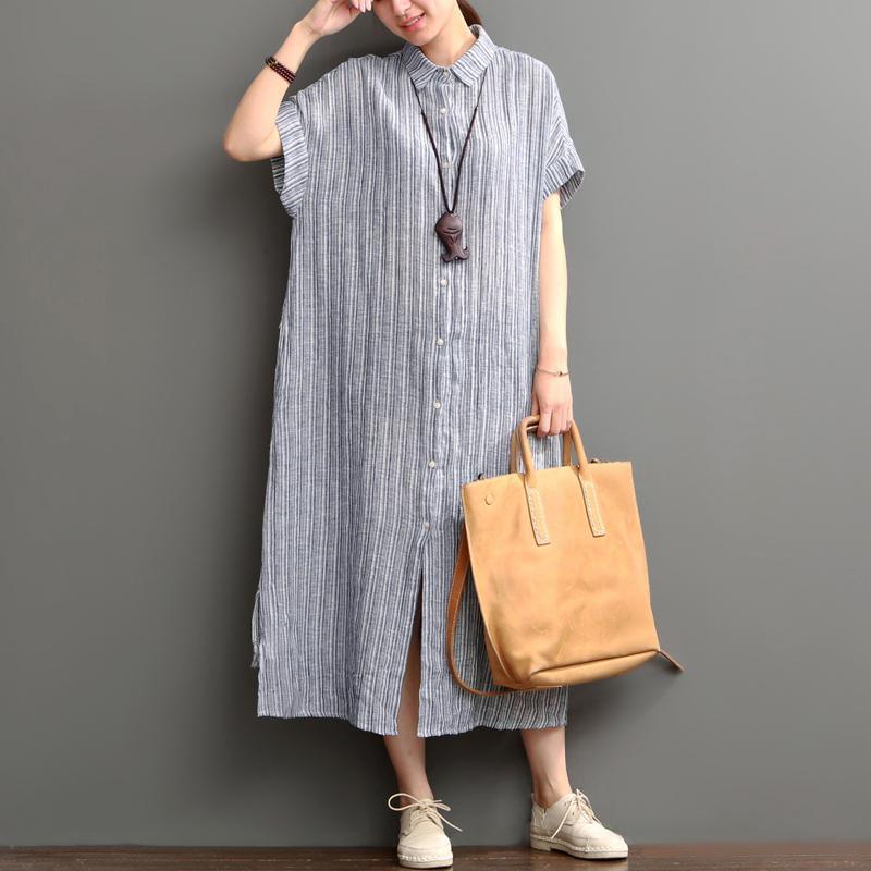 Collared Button Front Pinstripe Cuffed Sleeve Side Slit Linen Maxi Shirt Dress 2