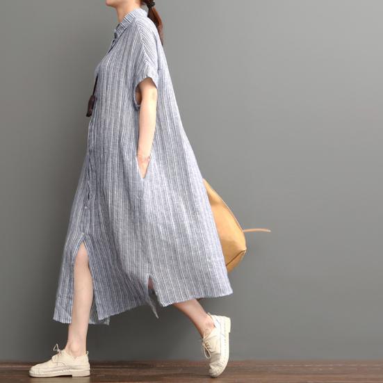 Collared Button Front Pinstripe Cuffed Sleeve Side Slit Linen Maxi Shirt Dress 3