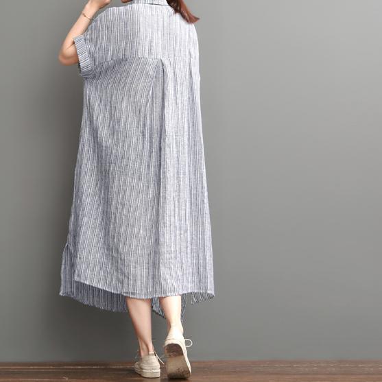 Collared Button Front Pinstripe Cuffed Sleeve Side Slit Linen Maxi Shirt Dress 4