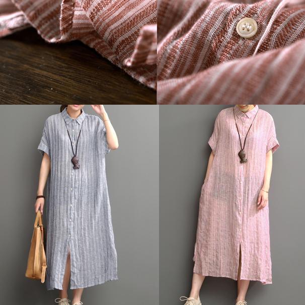 Collared Button Front Pinstripe Cuffed Sleeve Side Slit Linen Maxi Shirt Dress 5