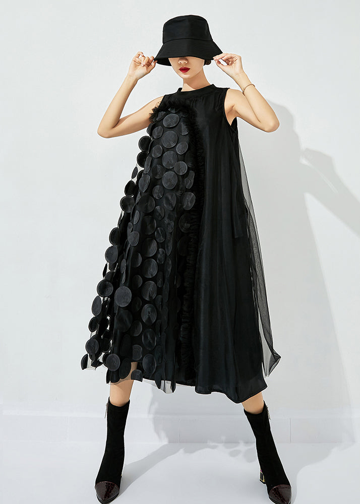 Mock Neck Sleeveless 3D Circular Applique Ruffle Trim Sheer Midi Dress