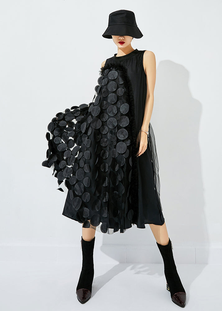 Mock Neck Sleeveless 3D Circular Applique Ruffle Trim Sheer Midi Dress 2