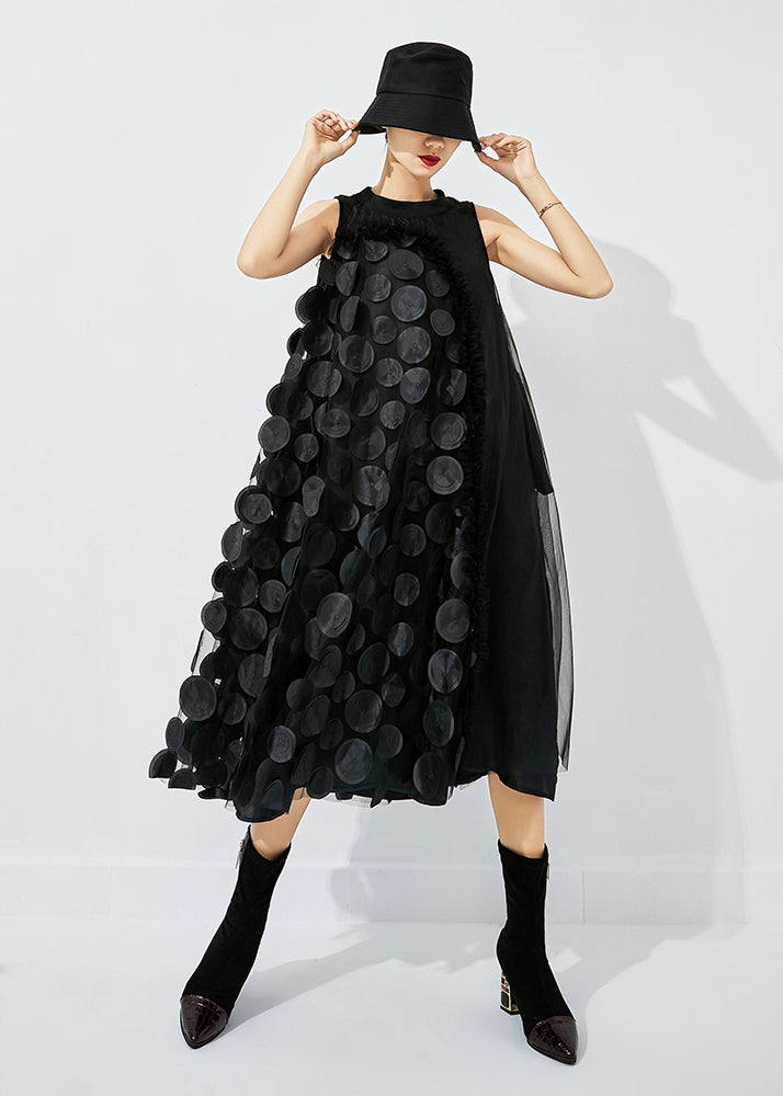 Mock Neck Sleeveless 3D Circular Applique Ruffle Trim Sheer Midi Dress 3