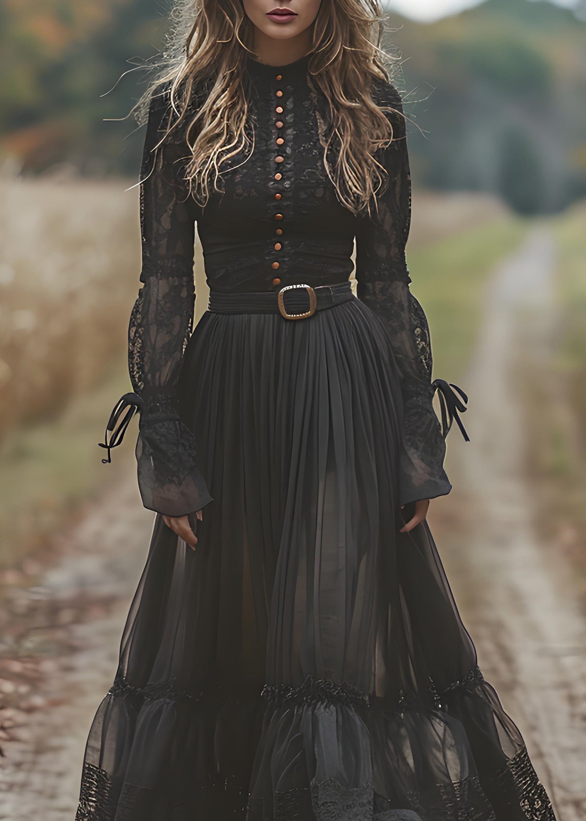 Mock Neck Lace Sleeve Tiered Pleated Belted Floor-Length Gown 2