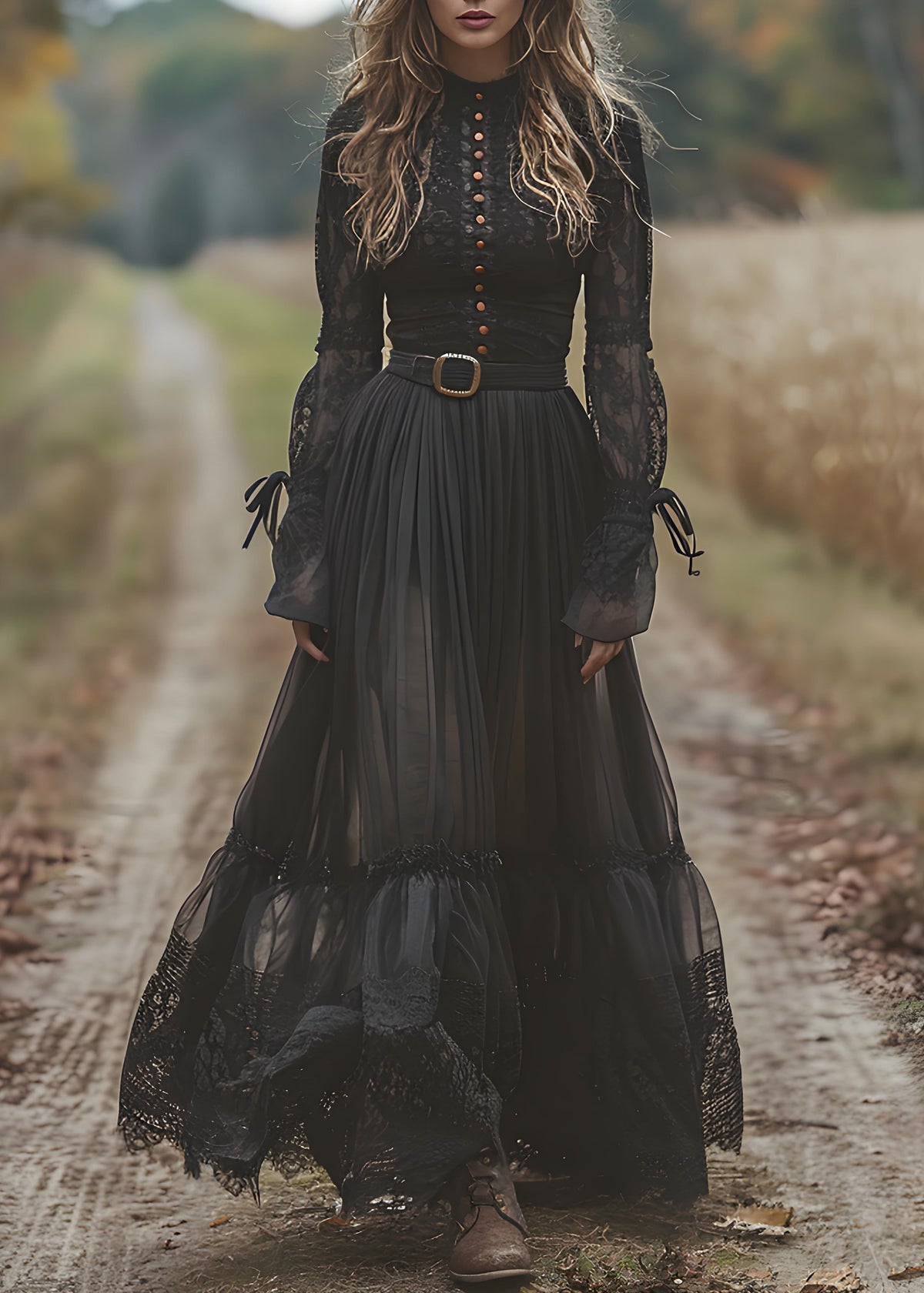 Mock Neck Lace Sleeve Tiered Pleated Belted Floor-Length Gown 3