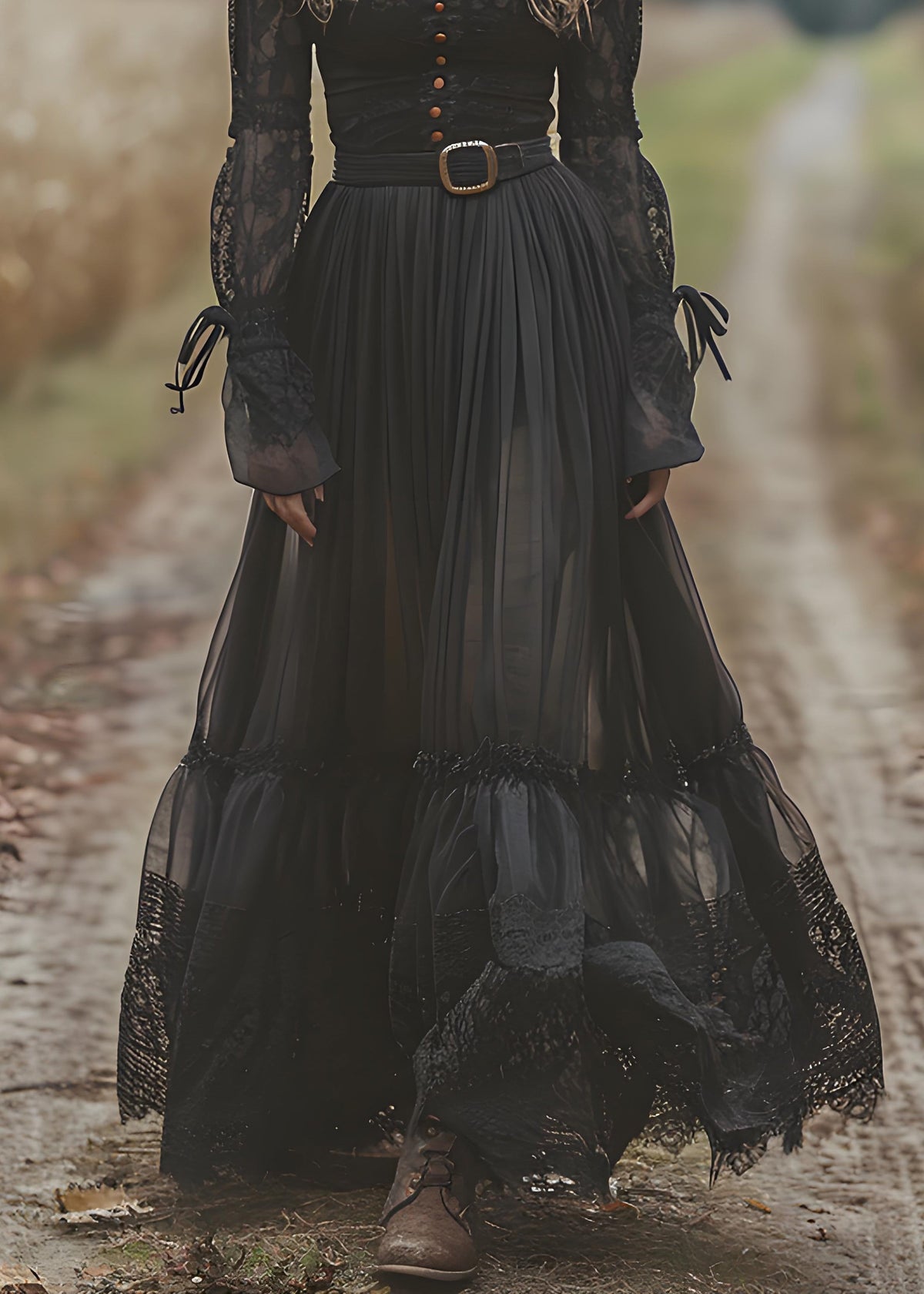 Mock Neck Lace Sleeve Tiered Pleated Belted Floor-Length Gown 4