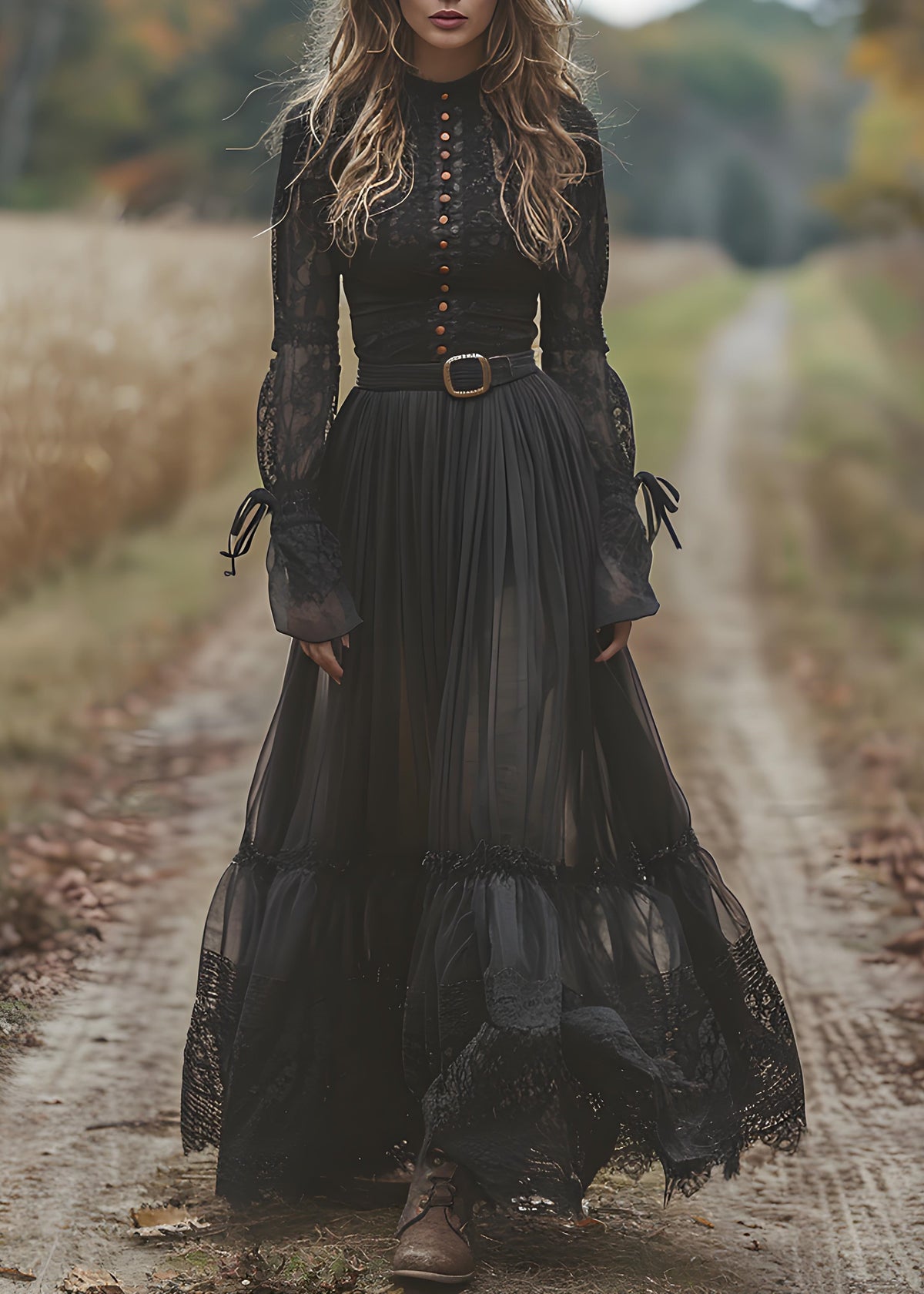 Mock Neck Lace Sleeve Tiered Pleated Belted Floor-Length Gown 5